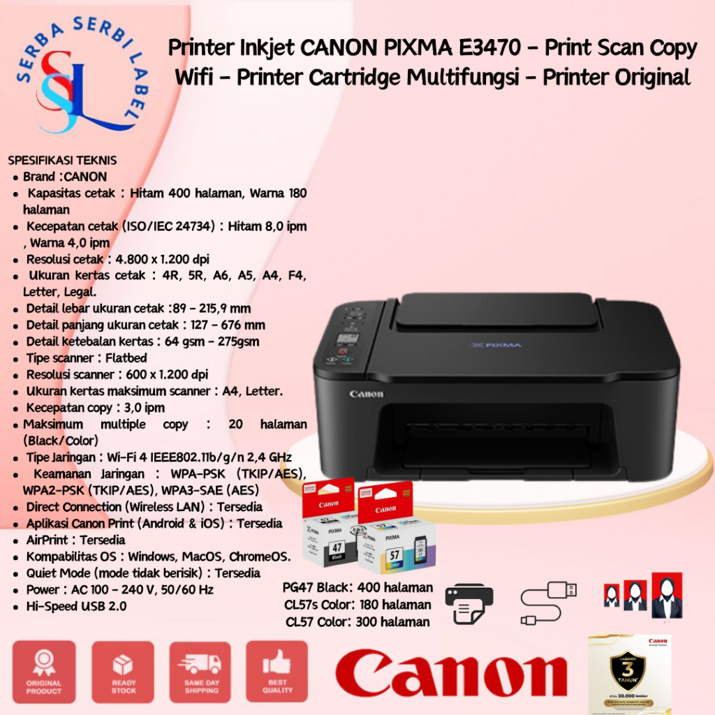 Printer Inkjet CANON PIXMA E3470 - Print Scan Copy Wifi - Printer Cartridge Multifungsi - Printer Ru