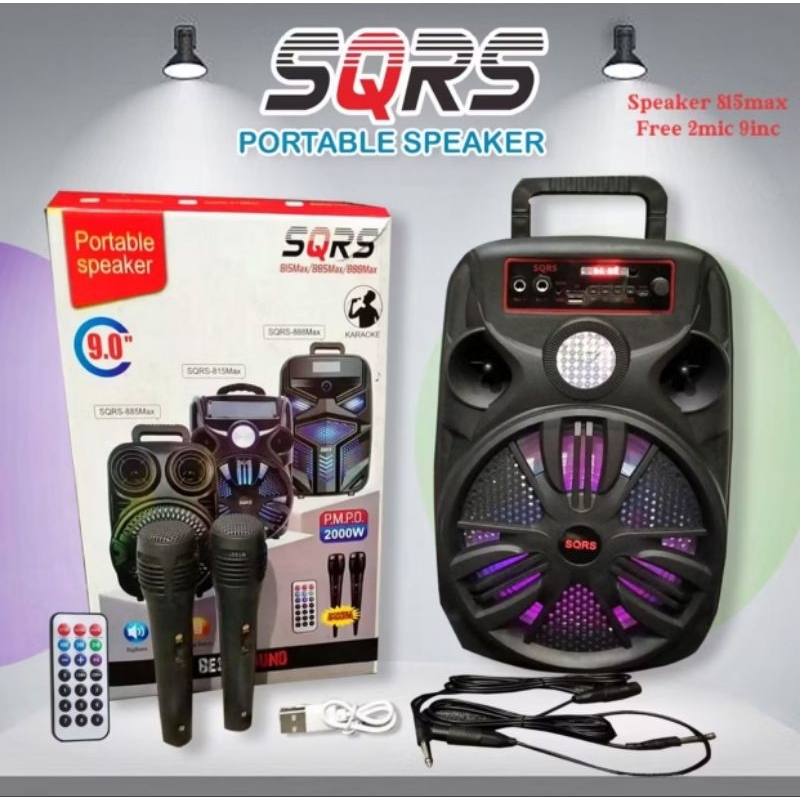 Speaker bluetooth portable SQRS-885 dan 815 bass sound plus mic karoke 9in LED