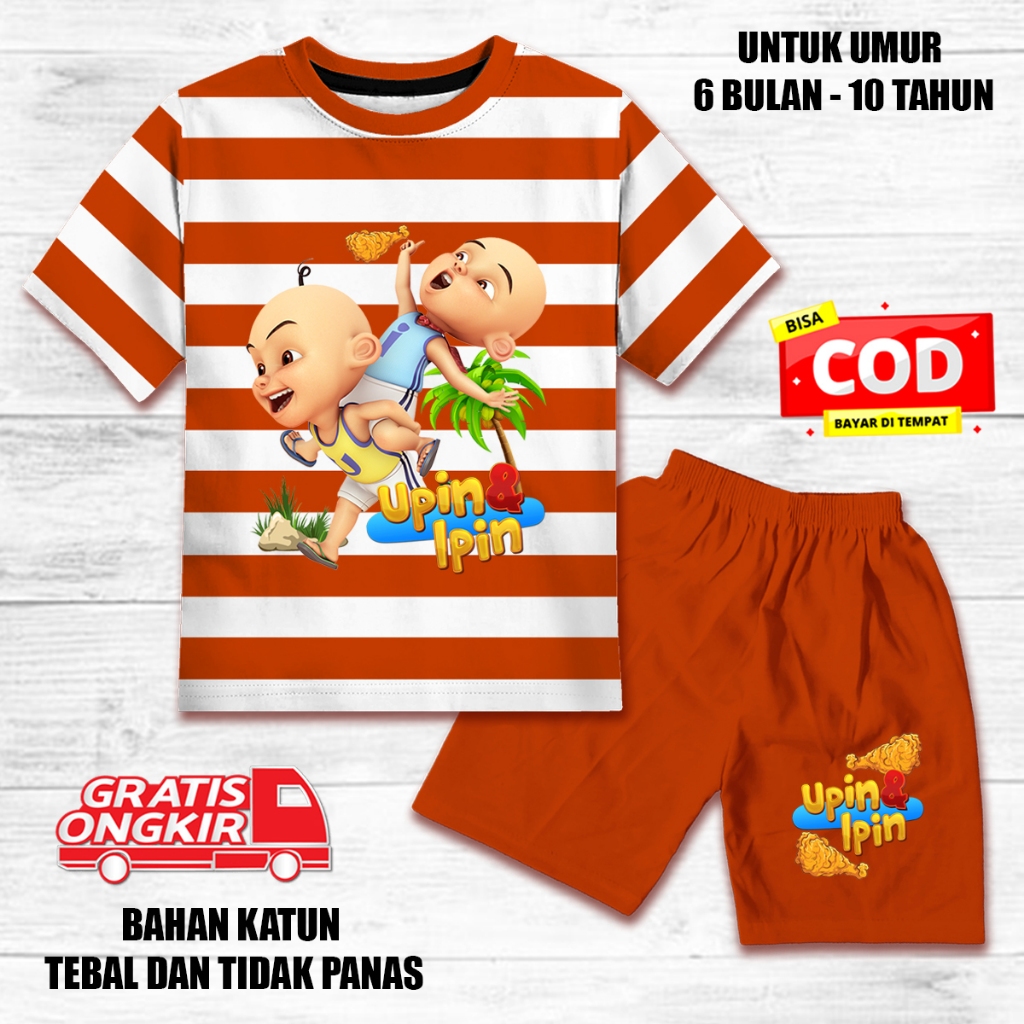 Setelan salur anak laki laki perempuan lengan pendek set baju kaos pendek katun upin ipin ayam goren