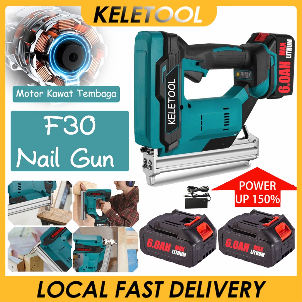 F30 Heavy Duty Cordless Nail Gun Stapler Nail Mesin Paku Lurus Tembak Lithium-Ion Brad Nailer