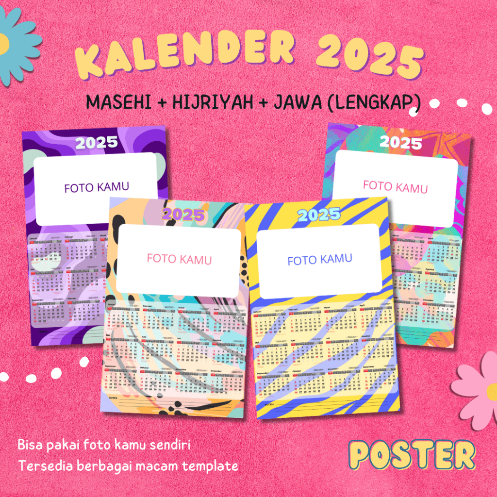

(12 Bulanan) A4 Kalender Dinding Masehi - Hijriyah - Jawa 2025 Lengkap Custom Foto Murah