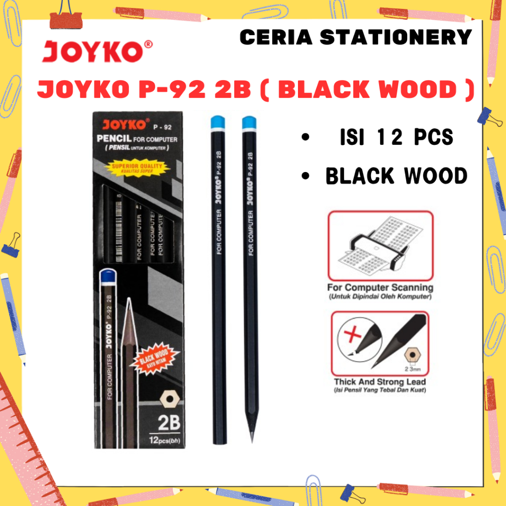 

Pensil Kayu Joyko 2B P-92 ( Black Wood ) / Pensil Kayu Hitam P 92 / Pensil untuk Komputer / Pensil Raut Ujian