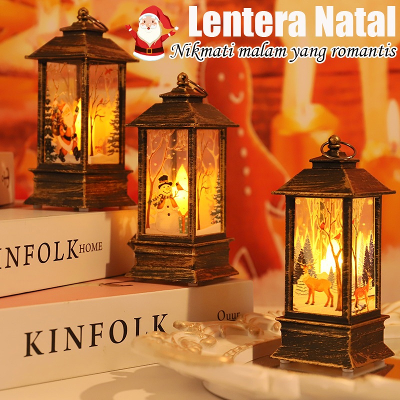 【Rayakan Natal】Lentera portabel Natal/Lampu malam lampu lilin lentera Natal/Ornamen meja lampu malam