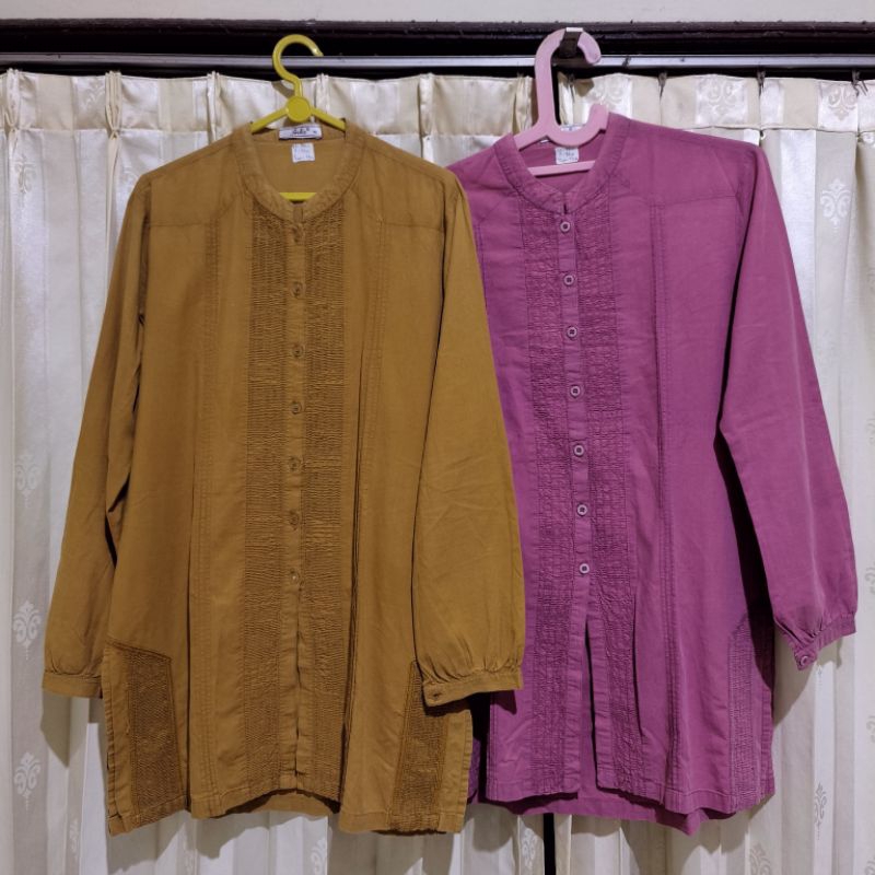 Preloved Tunik Lengan Panjang Warna Pink MLBB dan Kuning Mustard