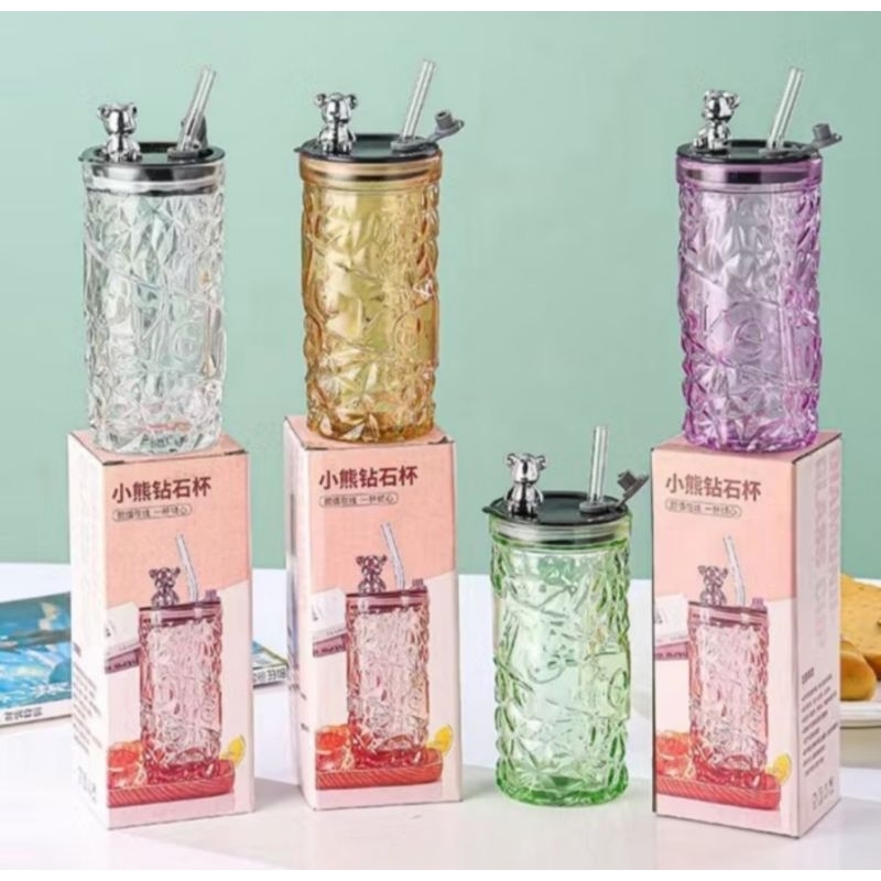 botol beruang kristal sedotan kaca include box,botol bear kristal