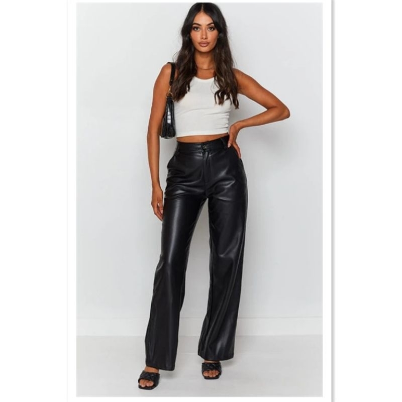 Celana Kulit Highwaist Leather Straight Pants Premium High Waist Leather Pants Black Faux Leather Tr