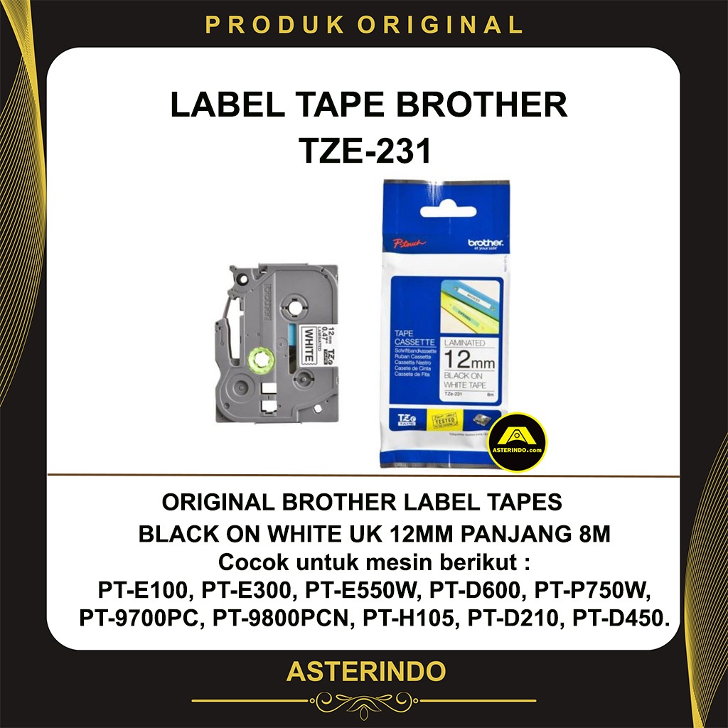 

Brother Label Tape TZE-231 Black On White Ukuran 12MM Panjang 8M Original TZE 231 TZE231