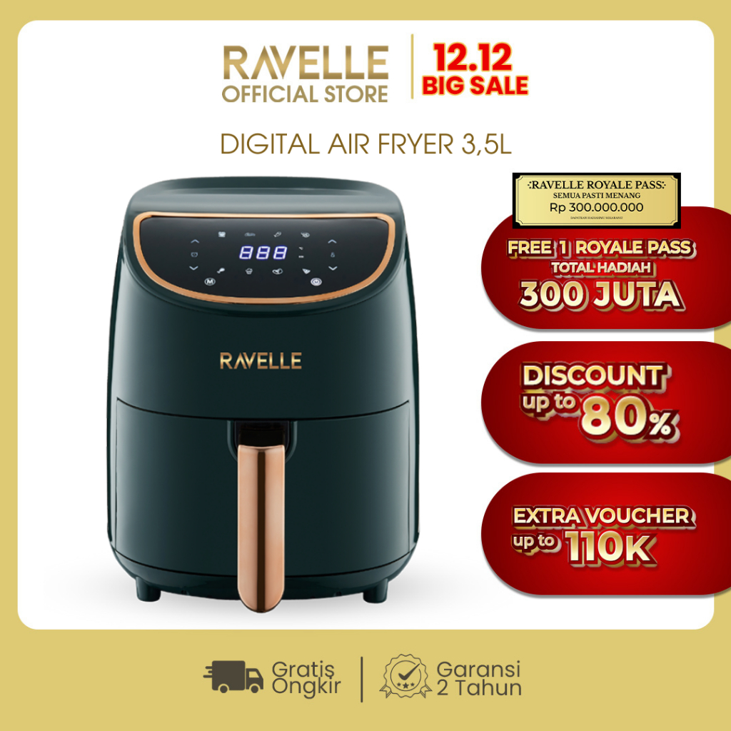 RAVELLE Air Fryer 3.5L Airfryer - Penggorengan Tanpa Minyak - Low Watt