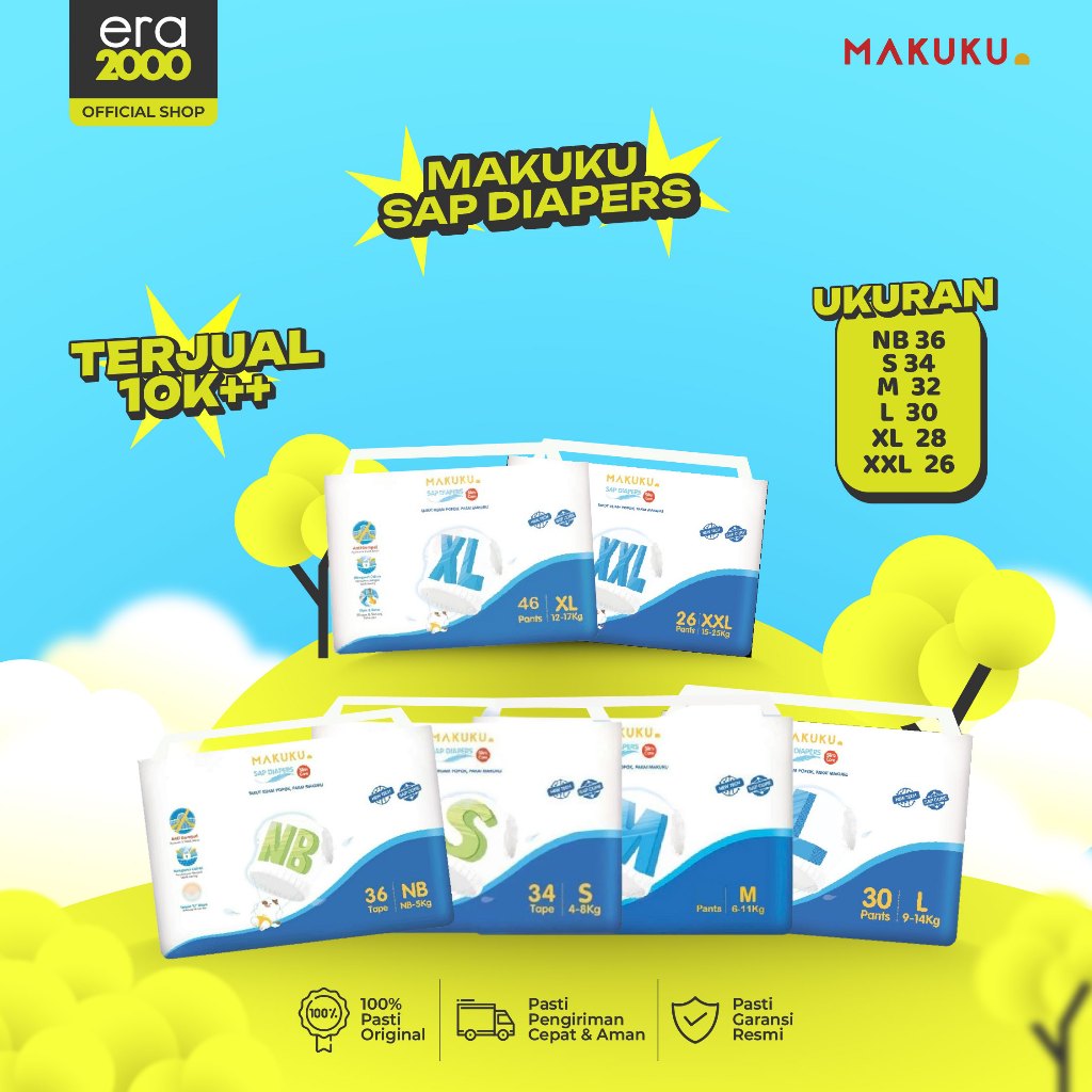 Era 2000 MAKUKU SAP Diapers Slim Care Pants M32/L30/XL28/XXL26 Popok Bayi Tipis Popok Anti Gumpal