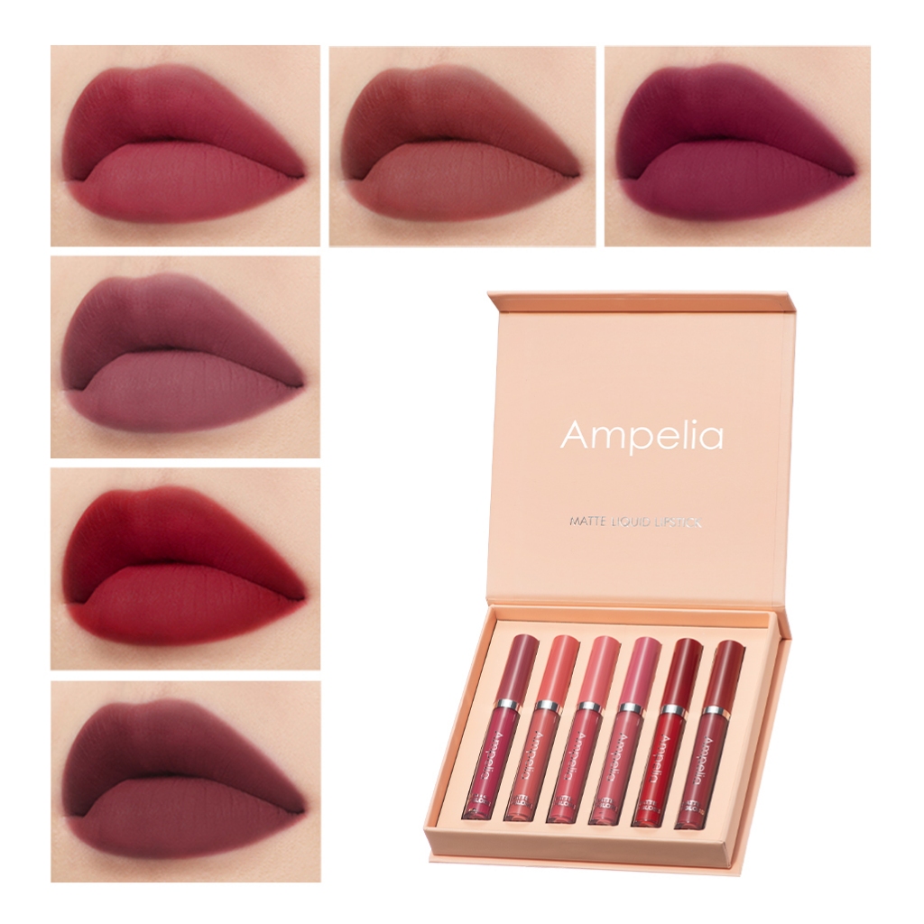 【Tersedia】Ampelia Lipstik Matte 6 warna Makeup Lipstik Set Lip gloss Pelembap Bibir Lembut Tahan Lam