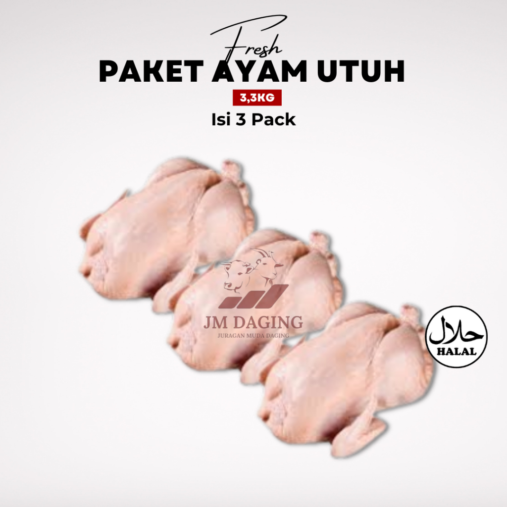 

Promo Bundling Hemat Ayam Karkas Broiler Utuh Halal 1100gr / 1,1kg - Isi 3 pack