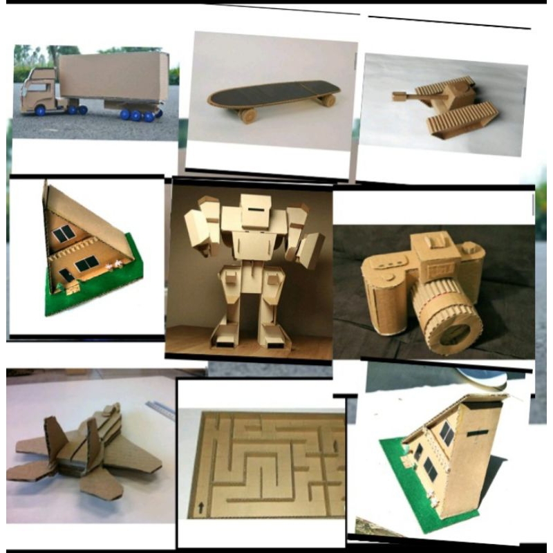 

miniatur kerajinan tangan bahan kardus bisa stick eskrim pvc atau bahan lainnya tugas sekolah prakarya robot kamera skateboard mobil truck oleng rumah tank baja pesawat tempur labirin karya seni
