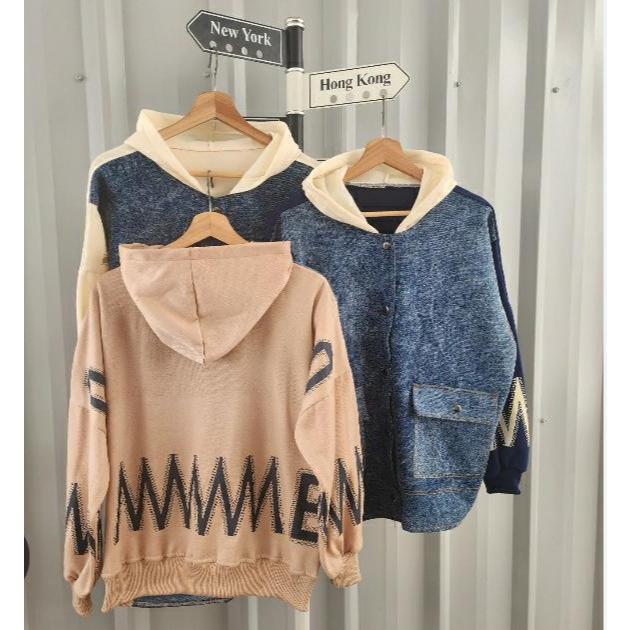 JAKET DENIM ZIGZAG OVERSIZE - JAKET ZIPPER HOODIE GAYA KOREAN - PATCH WORK JAKET