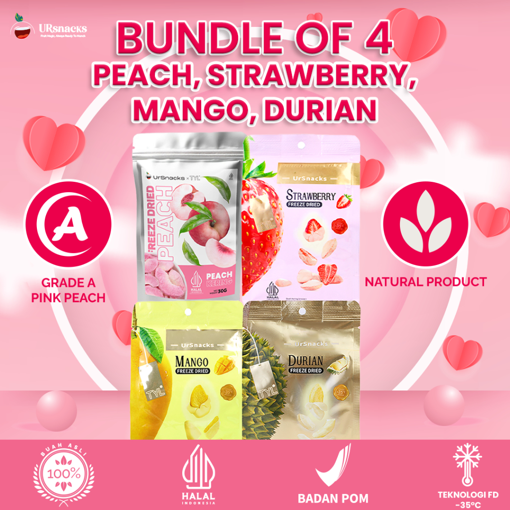 

URSNACKS Bundle Of 4 - Freeze Dried Keripik Buah Asli Rasa Strawberry + Peach + Mangga + Durian - Halal BPOM Ready To Eat