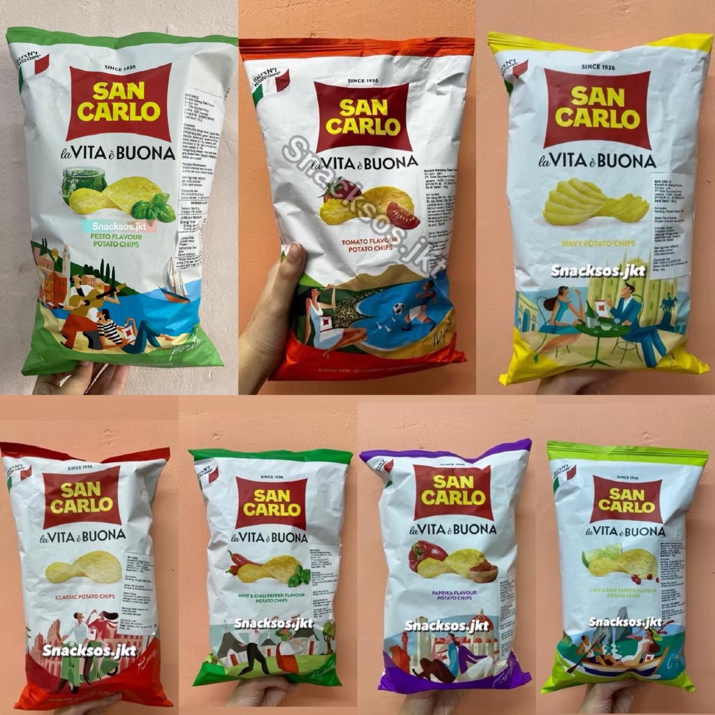 

SAN CARLO LA VITA E BUONA LIME & PINK PEPPER / PESTO CHIPS / CLASSIC POTATO CHIPS / MINT & CHILI / WAVY POTATO / PAPRIKA - KERIPIK KENTANG