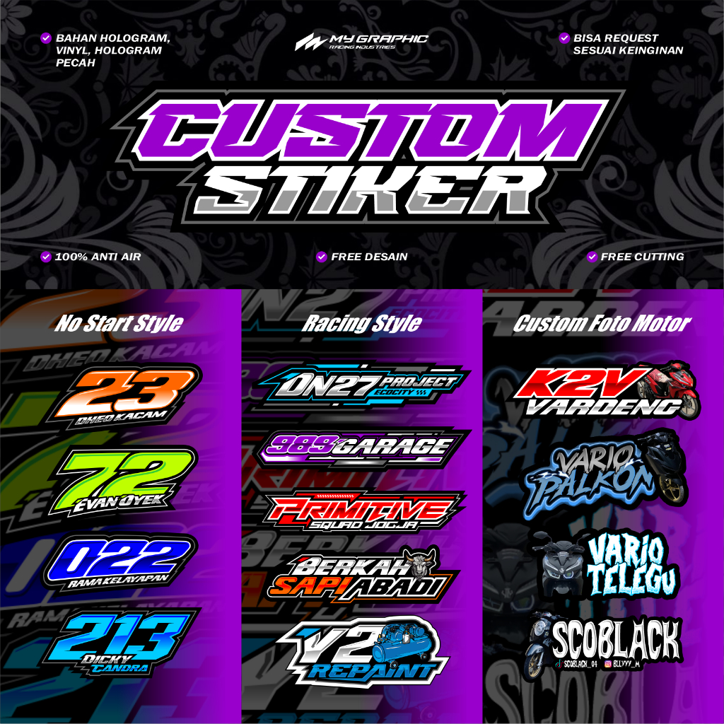 

Cetak Stiker Custom / Stiker Racing Free Desain bahan Vinyl & Hologram, isi 10-16 stiker