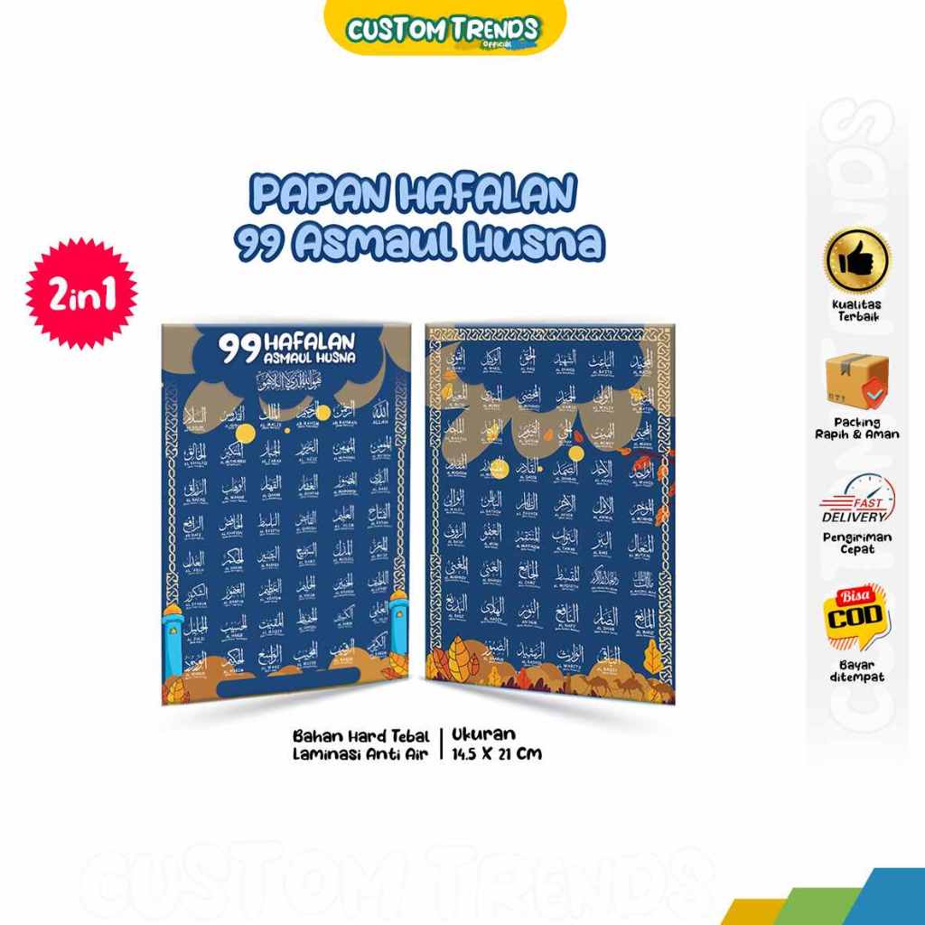 

Papan Hafalan Custom + Nama 99 Asmaul Husna Bahan Hard Tebal Laminasi Anti Air, Depan Belakang Varian Warna (Table Papan Hafalan)