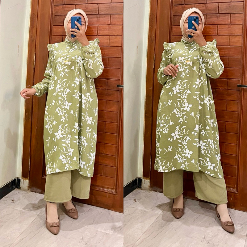 maygrosir.id One Set Tunik Kulot Bunga Putih Setelan Baju Wanita Muslim Kekinian Crinkle Airflow