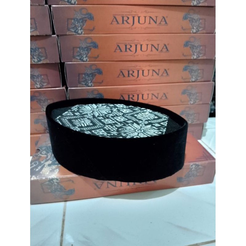 Songkok Bludru Hitam Motif Kain Songket Silver Tinggi 7cm - 11cm