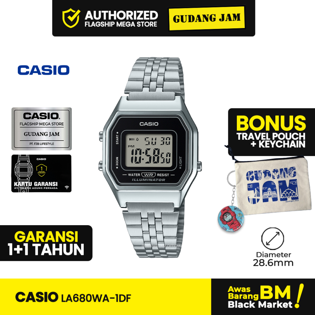 Jam Tangan Wanita Casio Original LA680WA-1DF Digital Stainless Steel Band