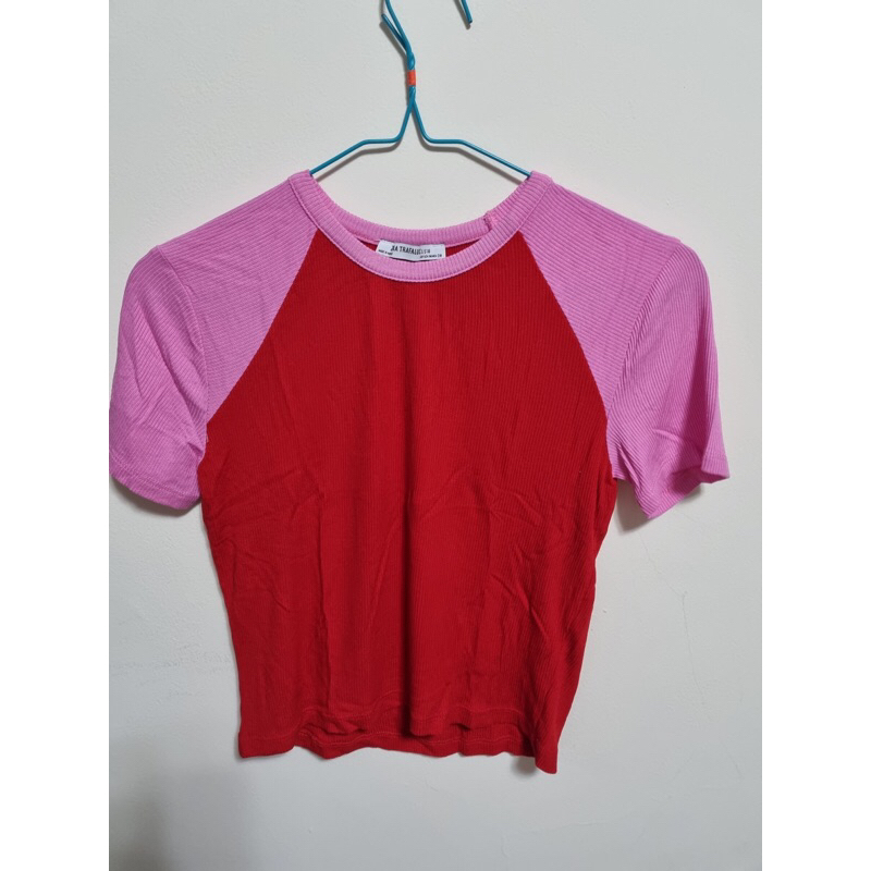 Zara Red Pink Crop Top Shirt - Kaos Pendek Merah dan Pink Lucu (Preloved)