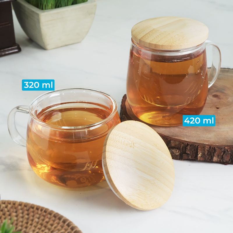 Mug Cangkir Gelas Kopi Teh Set Saringan Infuser Tutup Kayu / Gelas Kaca Unik Dengan Saringan Infuser