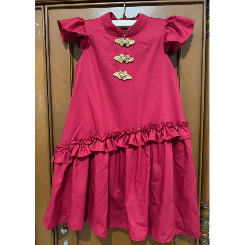 GC Preloved Dress Gaun Anak Merah Cheongsam Ruffle Lengan Pendek