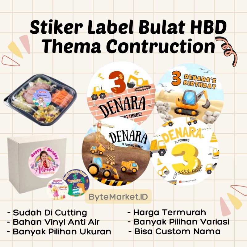 

(50 PCS) Stiker Bulat Custom Bento Hampers Ulang tahun Construction Excavator Tractor