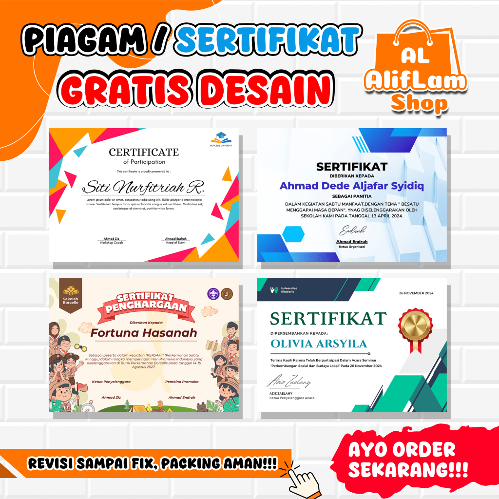 

CETAK PIAGAM PENGHARGAAN | SERTIFIKAT | MURAH BERKUALITAS | GRATIS DESAIN | REVISI SAMPAI FIX