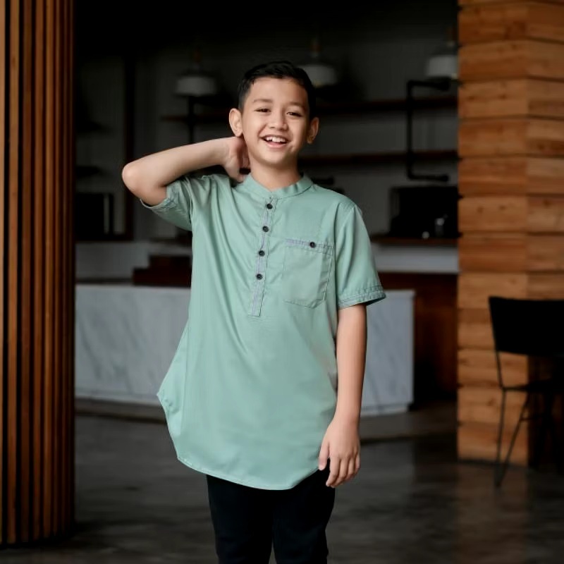 Baju Koko Muslim Anak Laki Laki Lengan Pendek Kombinasi Batik Kautsar Benzema Anak Usia 1 - 15 Tahun