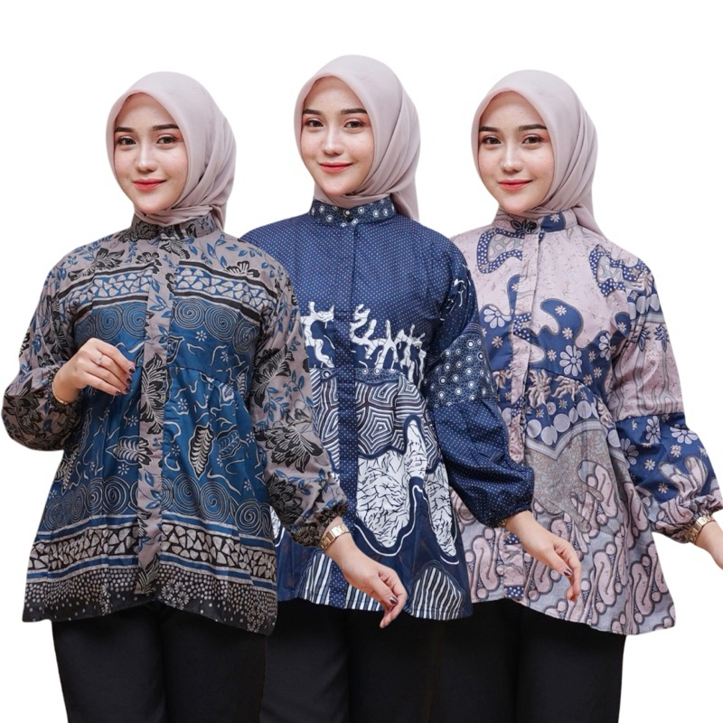 SR Blouse Batik Kancing depan lengan balon Atasan Batik Kerja Motif Best Seller By SR Batik