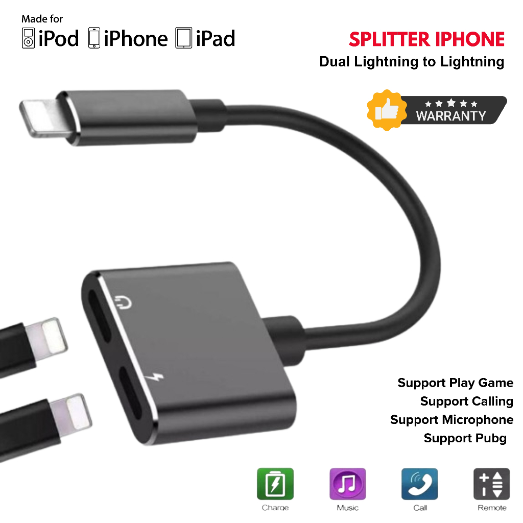 (SUPPORT OPEN MIC) ADAPTER DUAL LIGHTNING TO LIGHTNING IPHONE | CONVERTER 2IN1 AUDIO+CHARGER IPHONE 