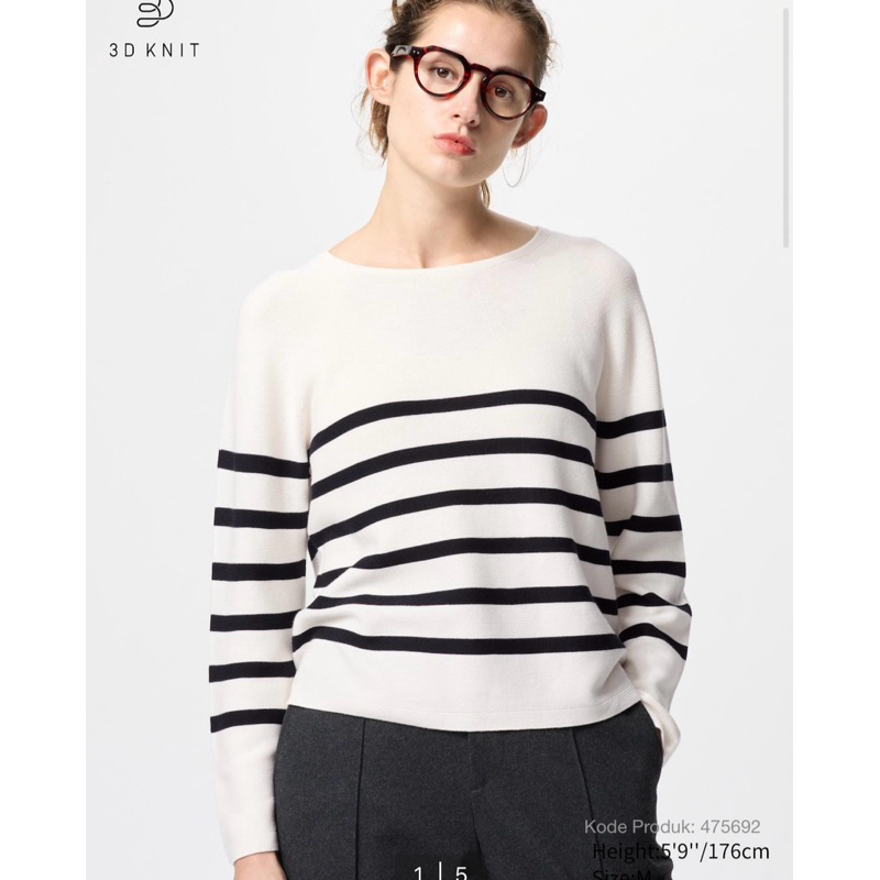 SALE‼️ UNIQLO SWEATER KATUN RAJUT 3D GARIS KERAH BULAT