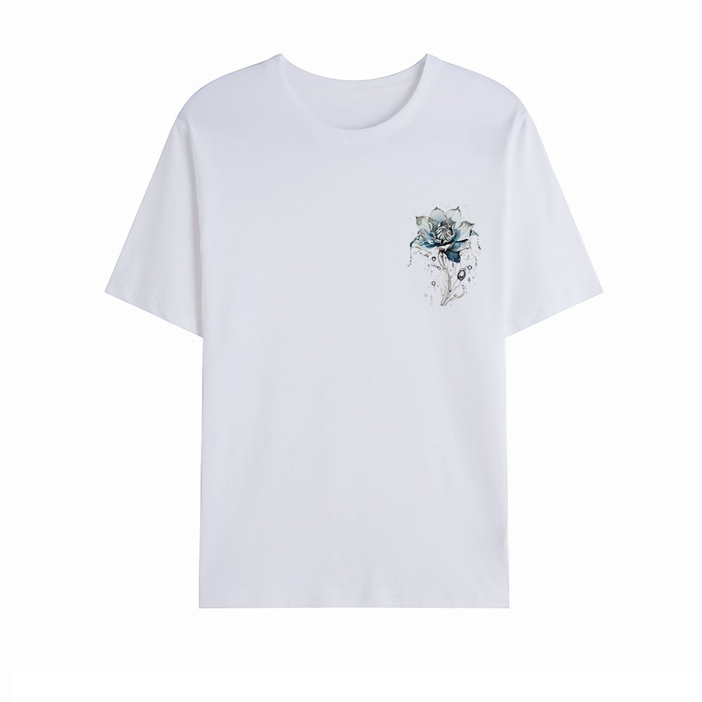 Kaos bermotif bunga mawar segar, tersedia dalam warna hitam/putih/merah/biru, unisex, modis dan nyam