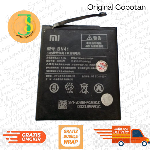 Xiaomi Redmi Note 4 Mediatex BN41 Baterai Original Copotan