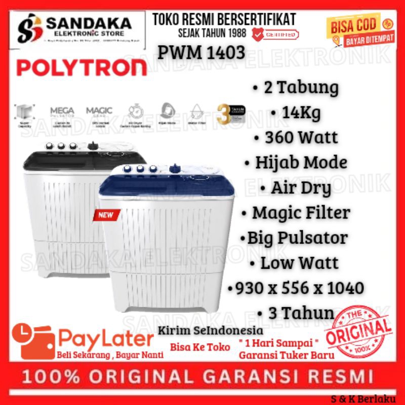 mesin cuci polytron 2 tabung 14kg pwm 1403 garansi resmi promo low watt