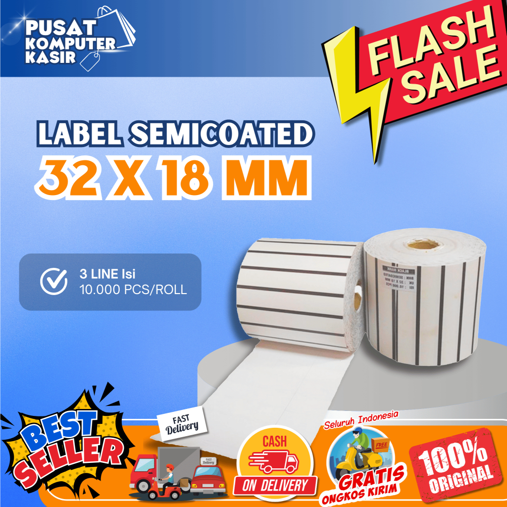 

LABEL BARCODE 32 X 18 (3 LINE) KERTAS STICKER LABEL BAHAN SEMICOATED
