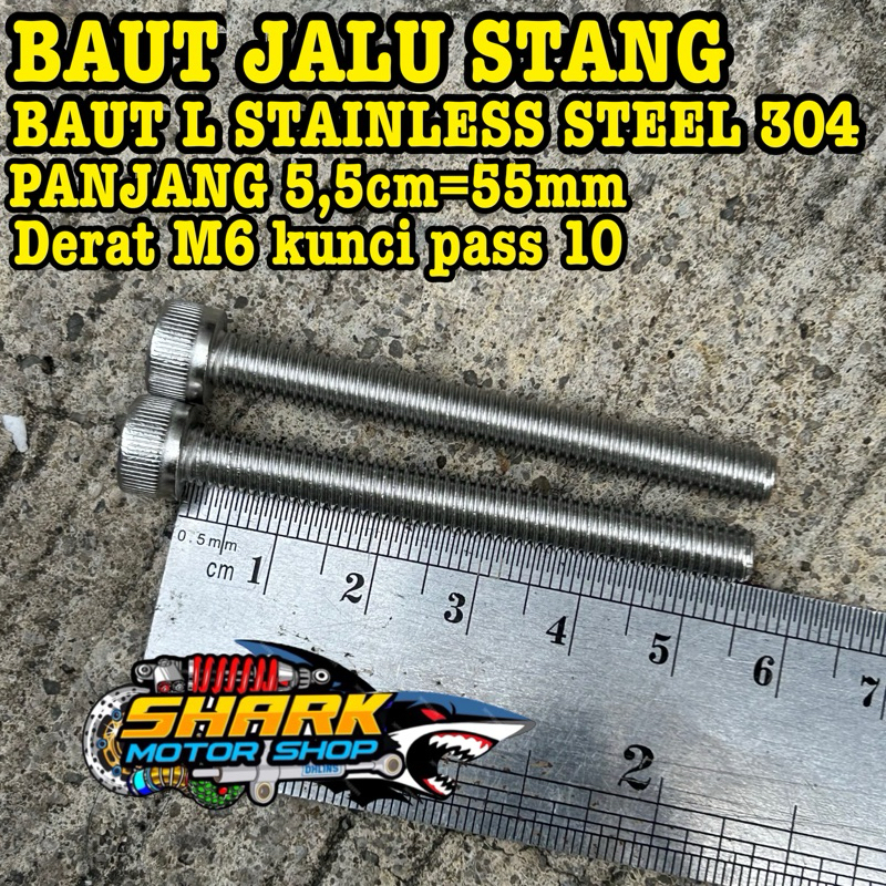 Baut jalu stang baut stenlis L panjang 5,5cm=55mm M6 derat baut kunci 10 harga 2buah