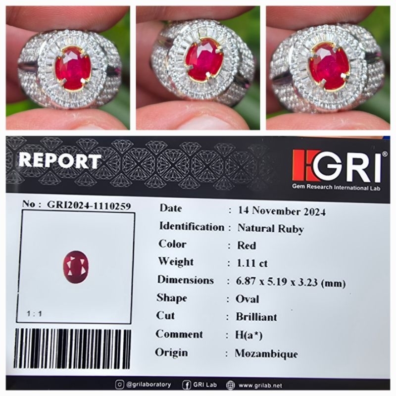 Natural Top Red Ruby Ha Memo GRI 1.11 crt