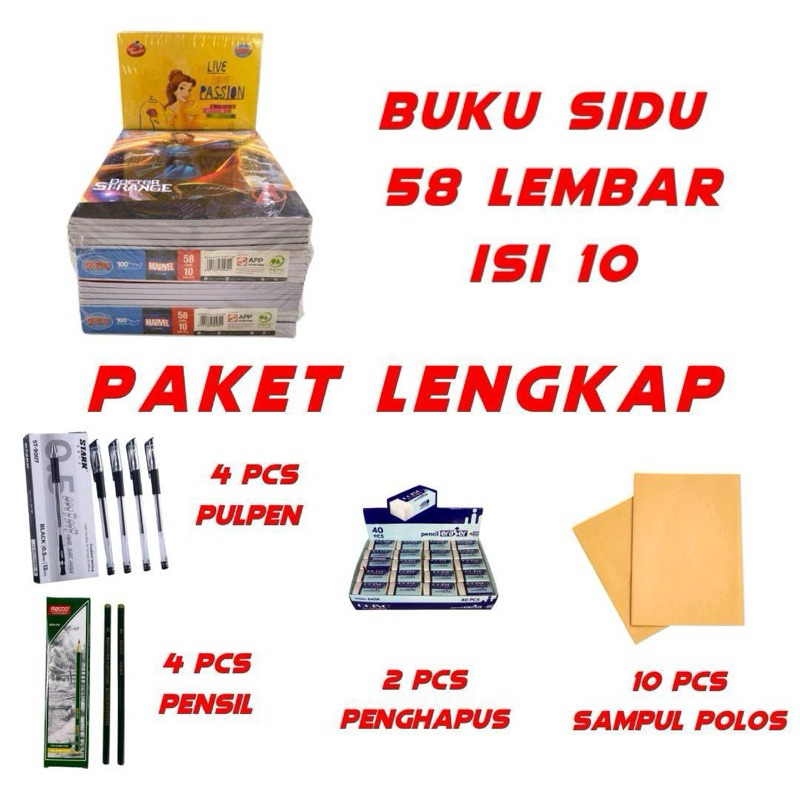 

Buku Sidu 58 paket komplit 4 Pensil 4 pulpen gell 2 penghapus Dan 10 lembar sampul polos Tebal