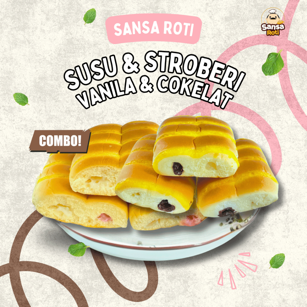 

RB [ISI 15pcs+Free 3pcs] - Sansa Roti - Special Mix 2 Rasa Susu Stroberi & Vanila Cokelat Roti 1 Dus