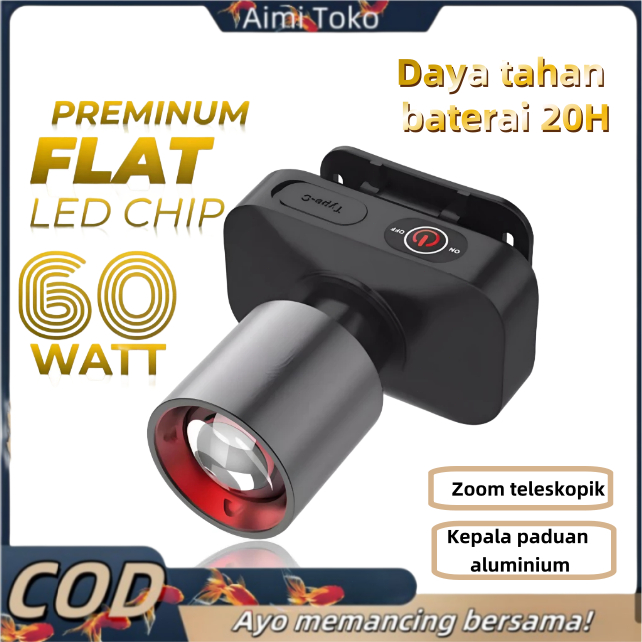 AIMI senter kepala super terang    SENTER KEPALA ZOOM SUPER TERANG LED 60W RECHARGEABLE USB TYPE C S