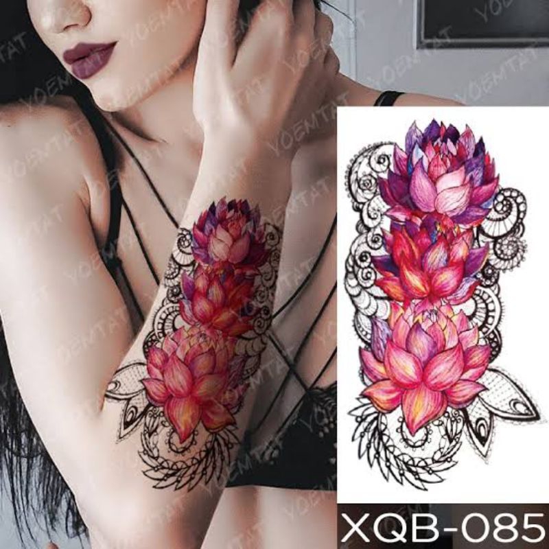 Zaril Tato Tattoo Tatto Temporer Temporary Tahan Lama Anti Air Seri XQB 085 Bunga Teratai Merah Meny