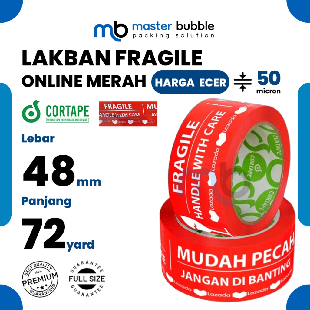 Lakban Printing Fragile Marketplace Online Shop 2inch 48mm x 72yard Cortape Harga Ecer Ekonomis