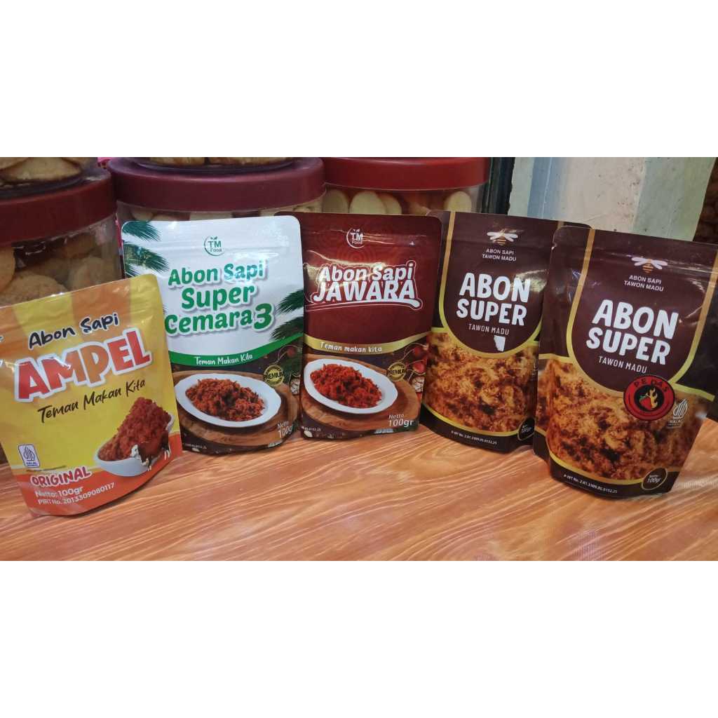 

Abon Sapi Super Cemara, Jawara, Pedas, Tawon Madu, Spicy, Cap Ampel / Halal / Abon asli Sapi Pouch