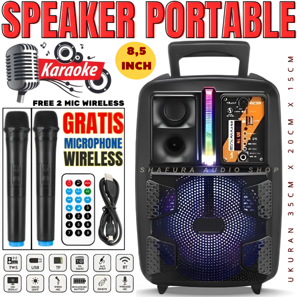 Fleco F 8808 Led 8'5 Inch Free 2 Mic Wireless Karaoke | Speaker Bluetooth + Remote - Speaker Karaoke