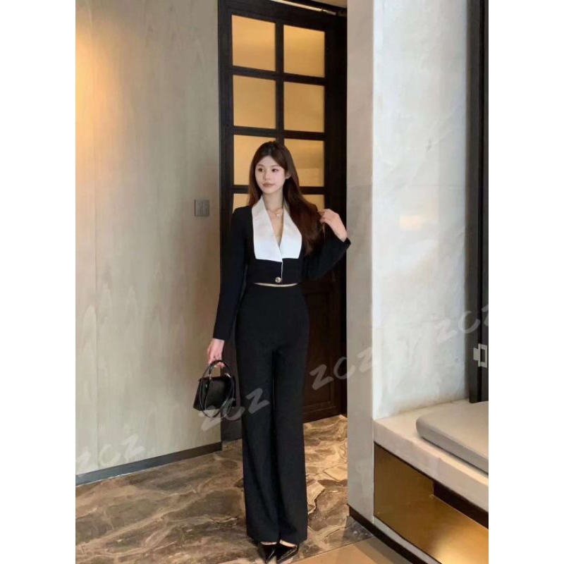 setelan blazer wanita hitam,putih,hitam list putih