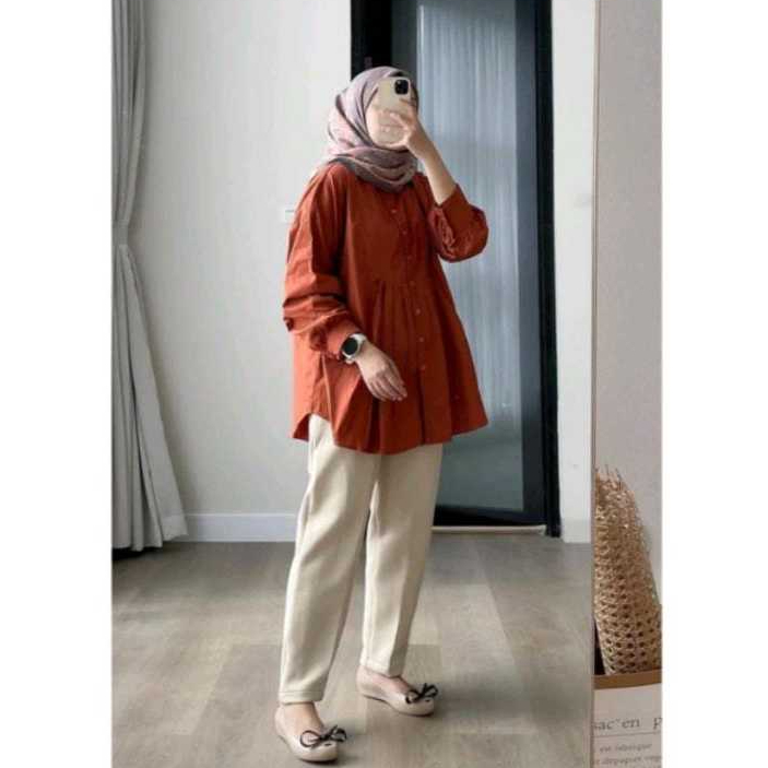 KEMEJA WANITA OVERSIZE BLUS JUMBO LENGAN PANJANG BLOUSE POLOS TERBARU Baju Atasan Linen Top full Kan