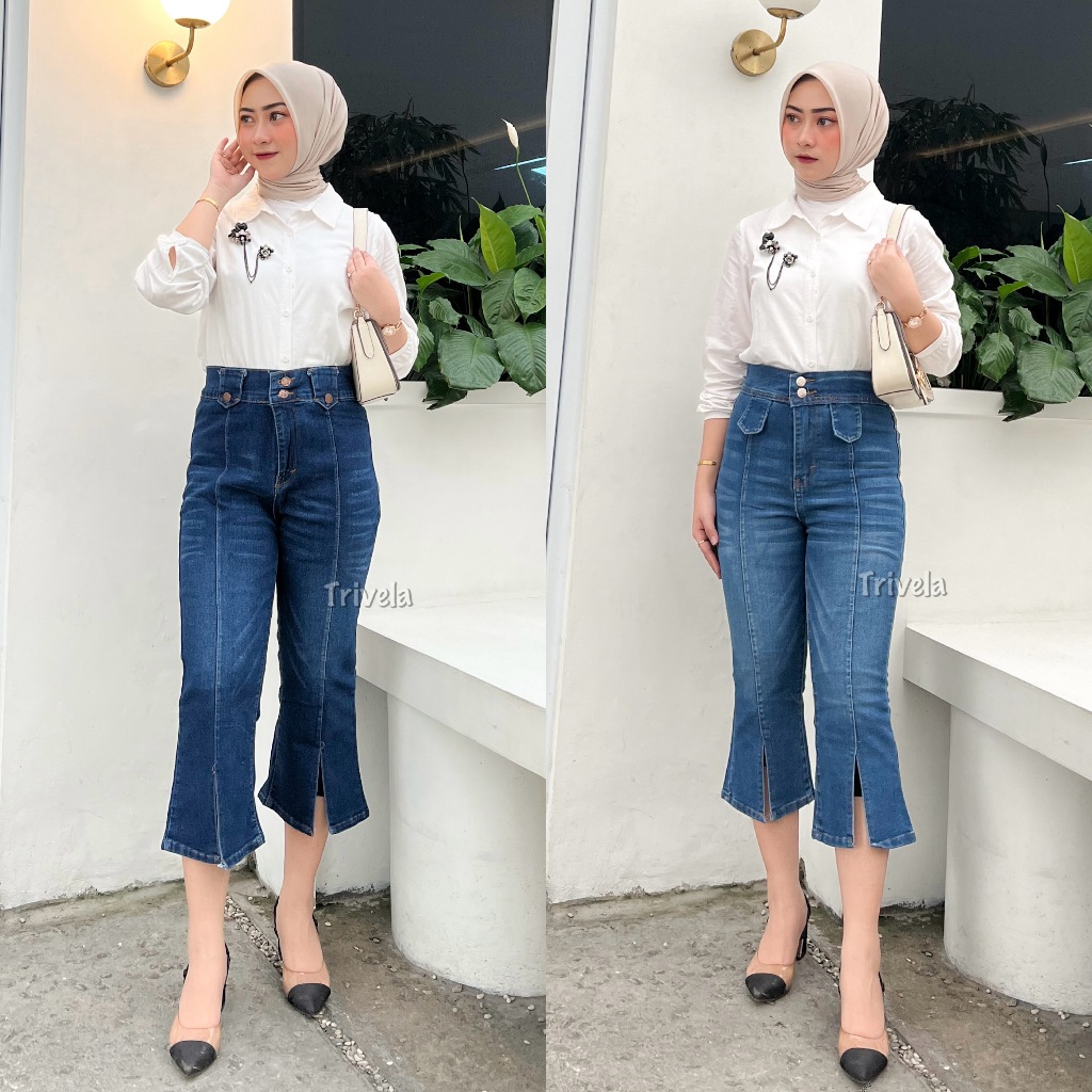 TRIVELA - CELANA JEANS CUTBRAY 7/8 SLIT - SLIT 7/8 CUTBRAY STRETCH - AZELYN