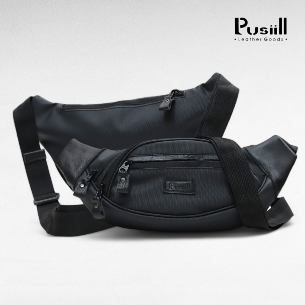 Waistbag Pusiill/ Kombinasi Kulit Asli/Tas Selempang Pria&Wanita/Waistbag Anti Air O.7  Full Hitam